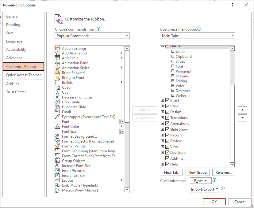 PowerPoint Options dialog box in Windows to add Developer tab in Ribbon.