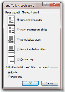 Dialog box when exporting notes from PowerPoint to Word.