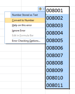 Microsoft Excel Smart Tag to convert numbers stored as text to numbers.