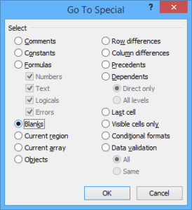 Go to Special dialog box in Microsoft Excel with blank cells selected.