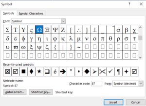 Insert symbol dialog box to insert Greek letters or symbols in Microsoft Word.