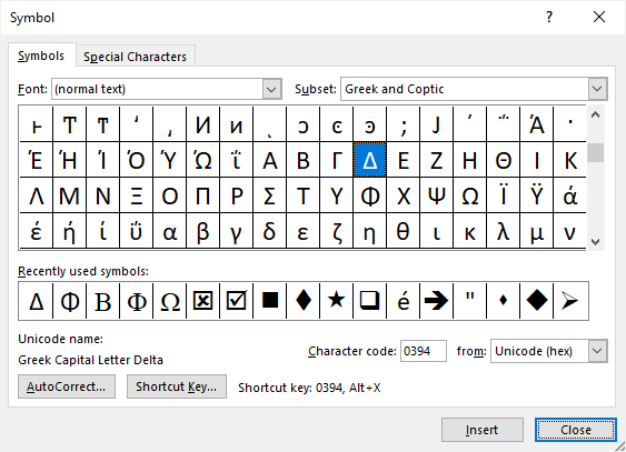 shortcut keys for symbols in word
