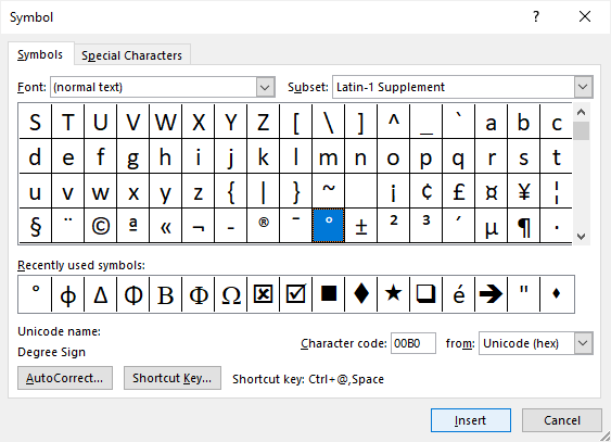 shortcut to insert degree symbol in word
