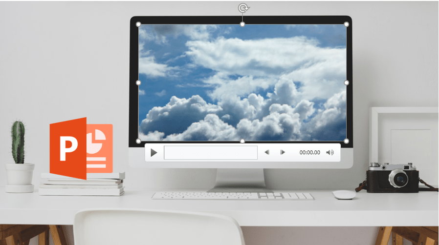 Insert a video in PowerPoint as an embedded object. (video on monitor)
