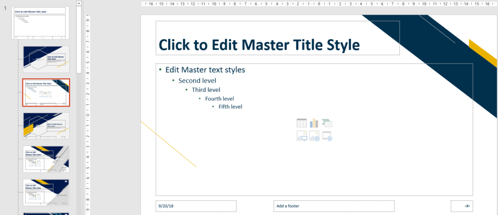 Slide layout in Slide Master View in PowerPoint with footer, date and number placeholders.
