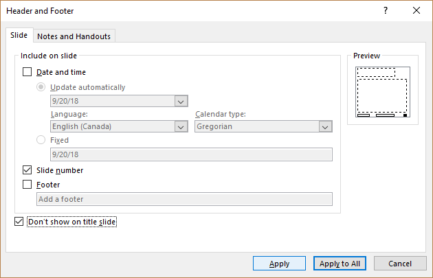 Header and Footer dialog box in PowerPoint to insert slide numbers, footers and dates into placeholders.