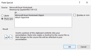 Paste special dialog box to insert Excel worksheet data into PowerPoint.