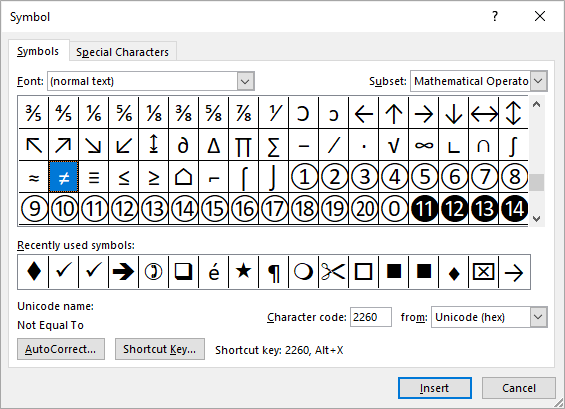 shortcut keys for symbols in word 2013