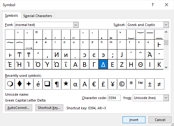shortcut keys for symbols in word 2013