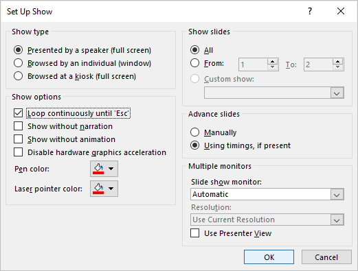 PowerPoint Slide Show dialog box to set up looping in a presentation.