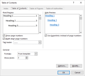 Custom table of contents dialog box in Word with multiple heading levels.