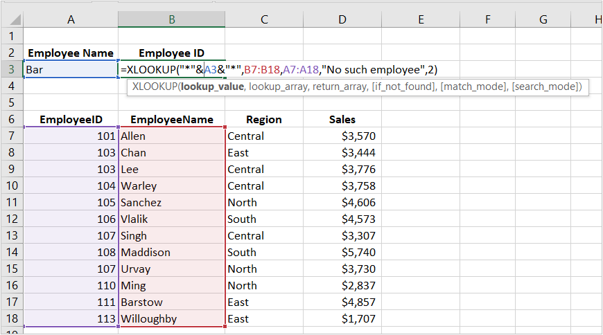 Excel XLOOKUP function with formula examples