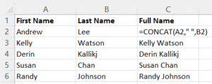 Combine first name and last name example in Excel worksheet using Concat function.