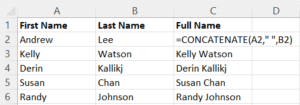 Combine first name and last name example in Excel worksheet using Concatenate operator.