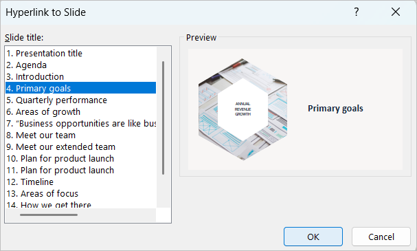 Action settings dialog box in PowerPoint to link to another slide.