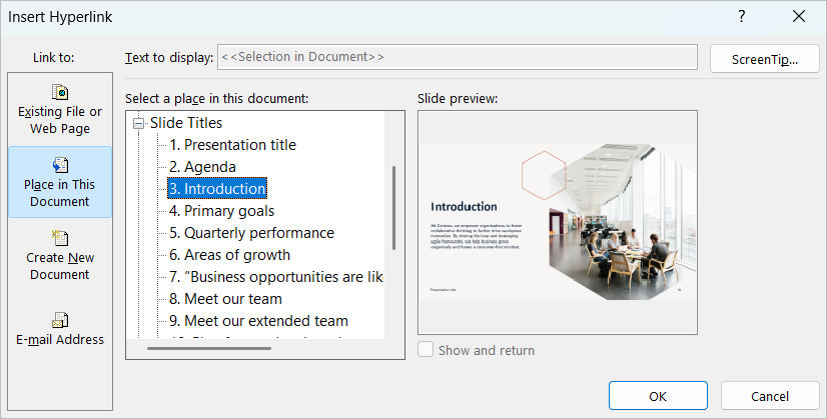 Insert hyperlink dialog box that appears when you select Hyperlink to a slide in Action Settings.