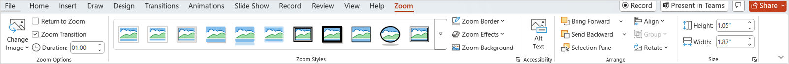 Zoom tab in the Ribbon to format a Slide Zoom control.
