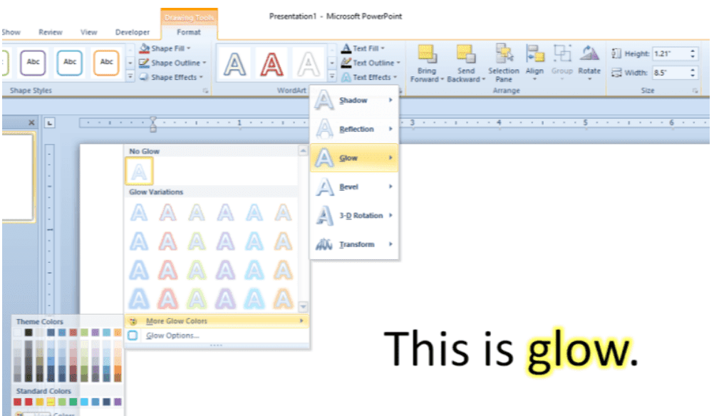 Glow options in PowerPoint to highlight text.